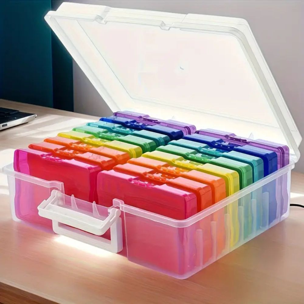 Mallette de rangement avec 16 boites colorés, pour la classe ou pour les photos