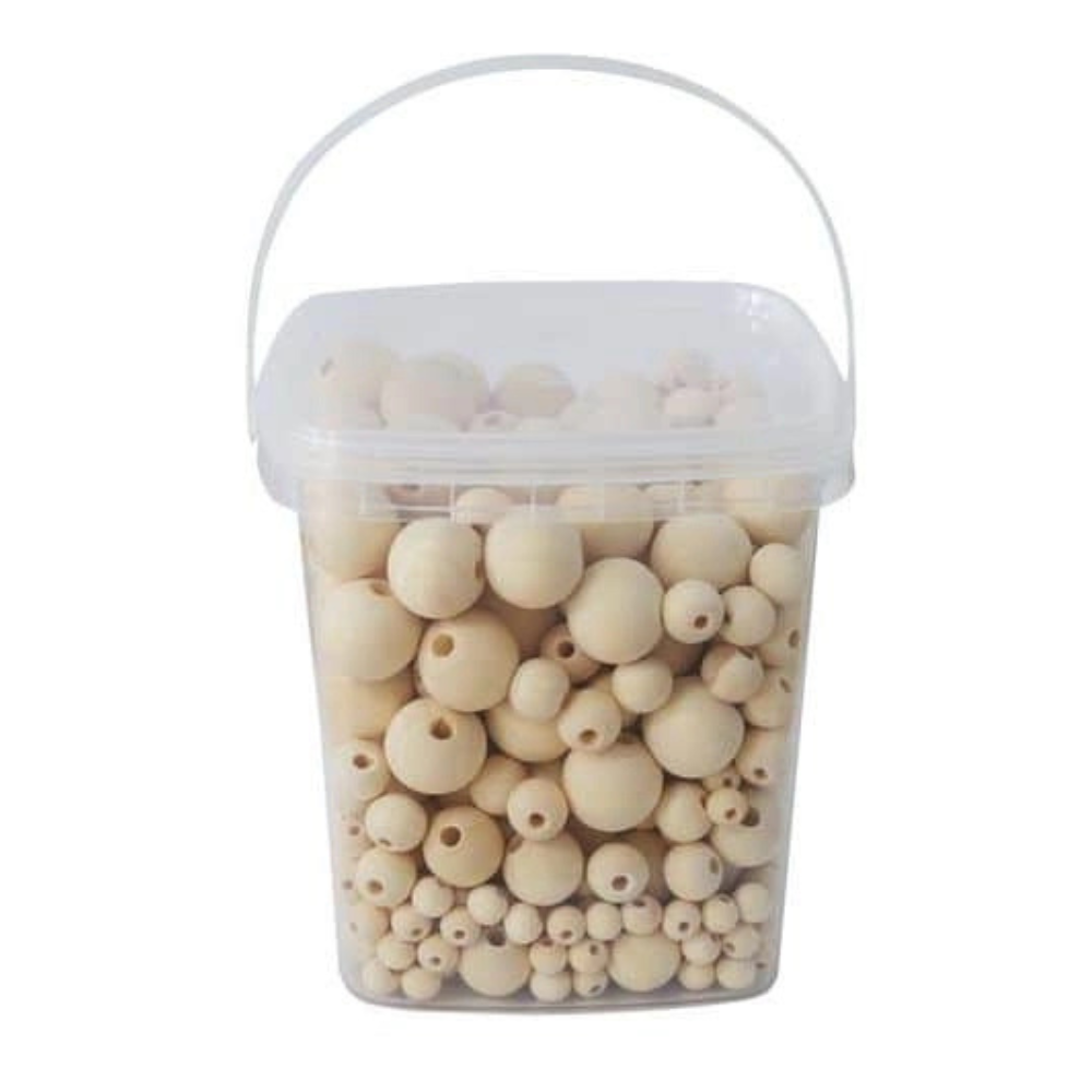 Seau de 600 perles rondes bois naturel, différentes tailles