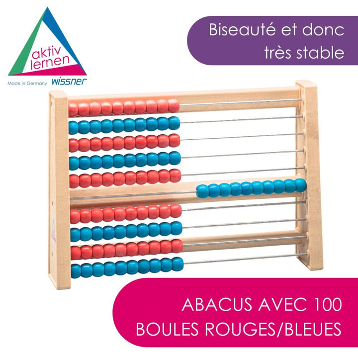 Boulier 100 perles Rouge/Bleu, 1 couleur par ligne, en Re-Wood