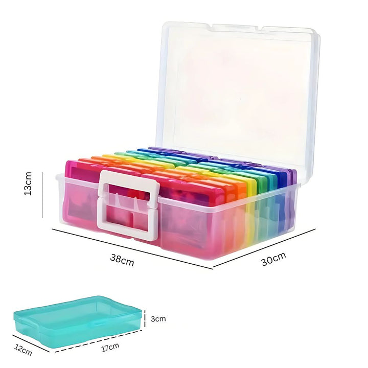 Mallette de rangement avec 16 boites colorés, pour la classe ou pour les photos