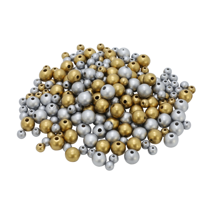Seau de 600 perles rondes en bois : or et argent Ø 10/16 mm