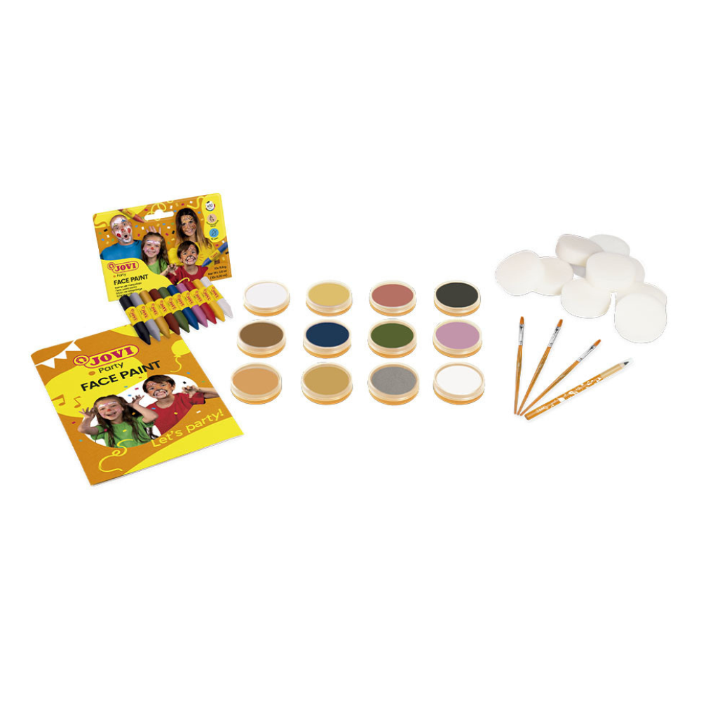 Pack de maquillage scolaire 6 flacons 8ml couleurs assorties + crayon cosmétique + 8 éponges + 3 pinceaux + brochure