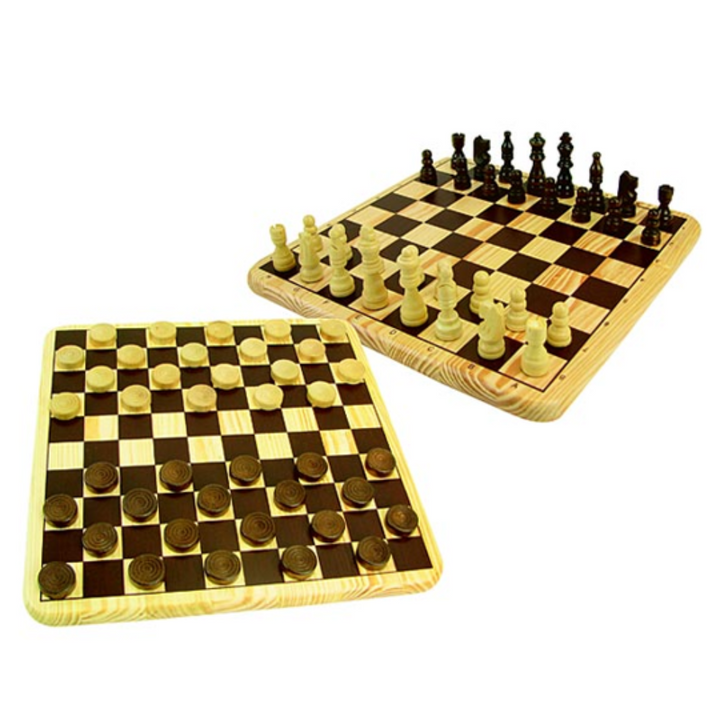 Jeu d'échecs et de dames avec plateau en bois
