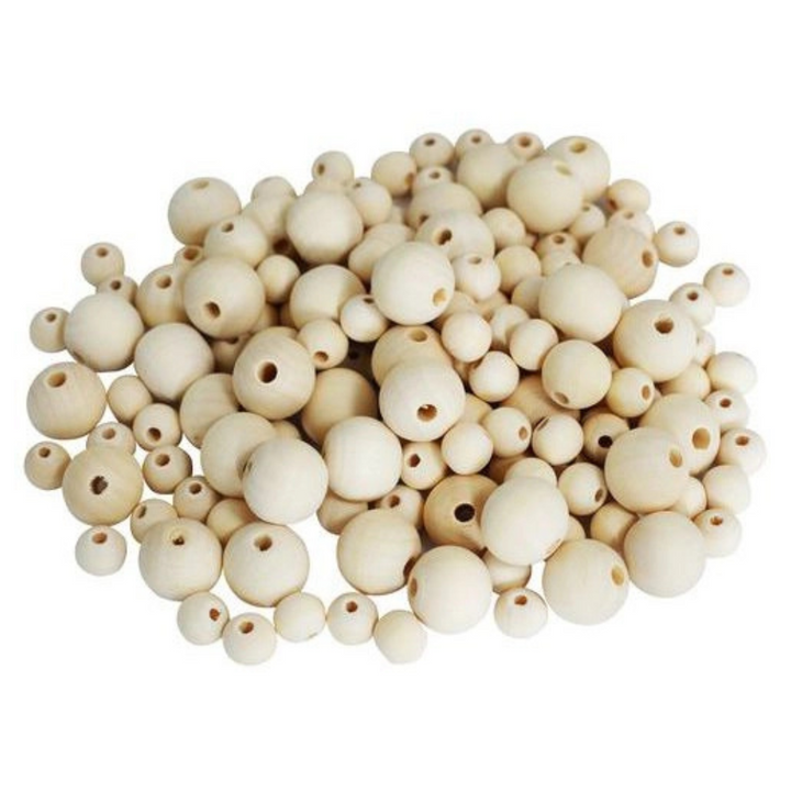 Seau de 600 perles rondes bois naturel, différentes tailles