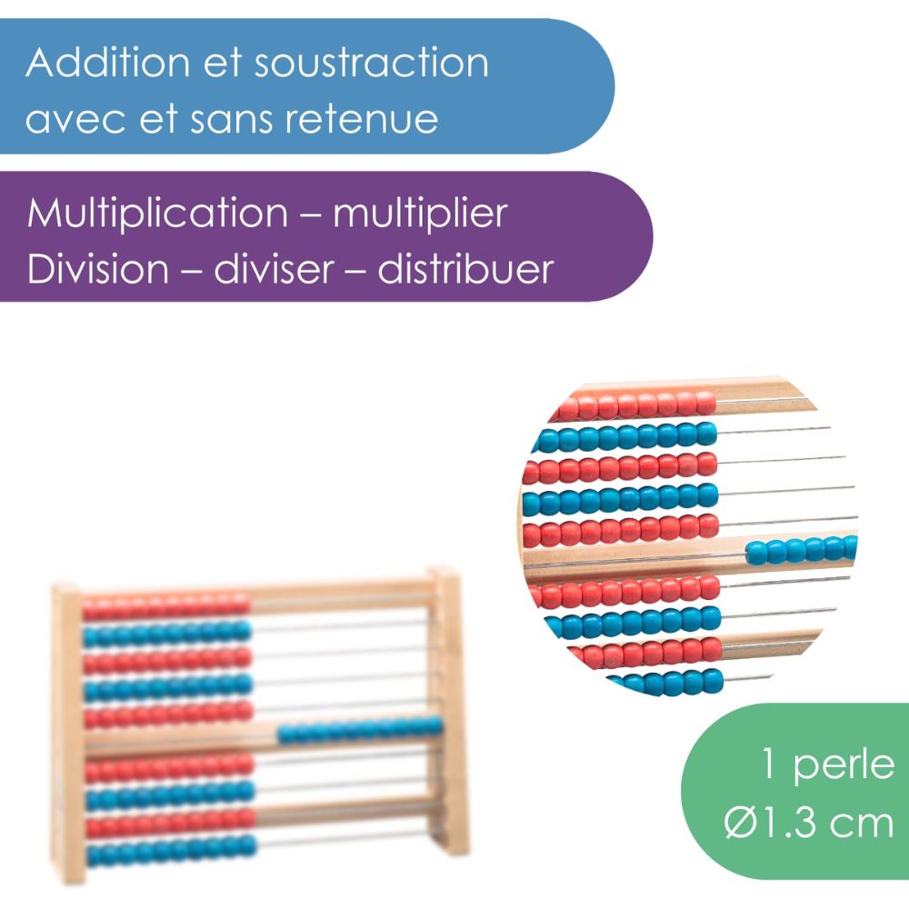 Boulier 100 perles Rouge/Bleu, 1 couleur par ligne, en Re-Wood