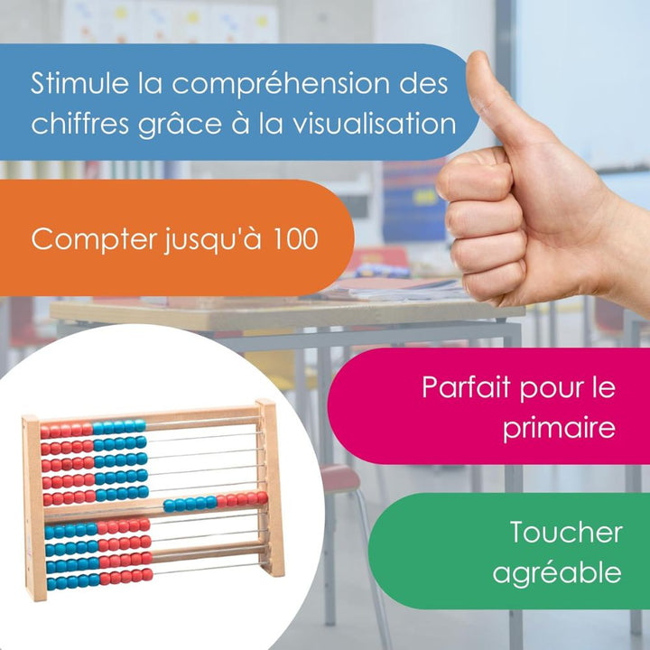 Boulier 100 perles Rouge/Bleu, 2 couleurs par ligne, en Re-Wood