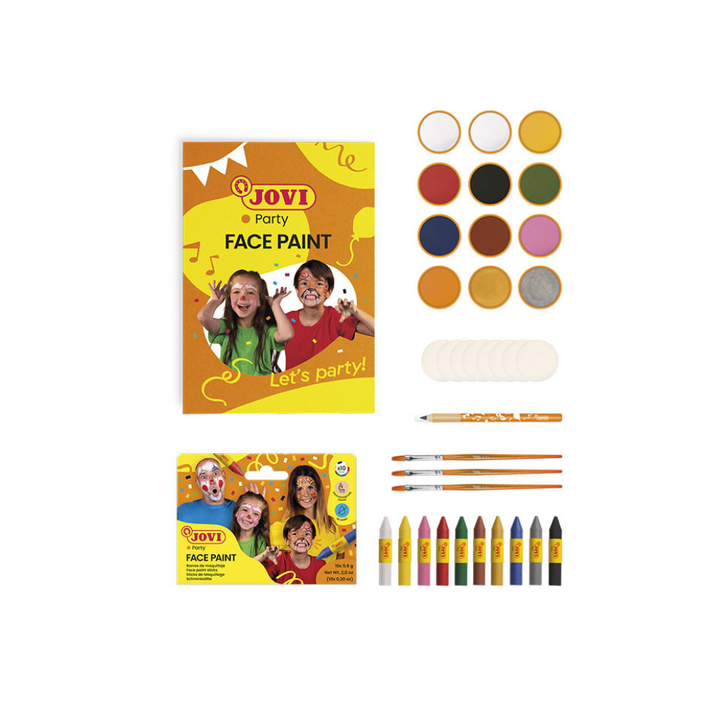 Pack de maquillage scolaire 6 flacons 8ml couleurs assorties + crayon cosmétique + 8 éponges + 3 pinceaux + brochure