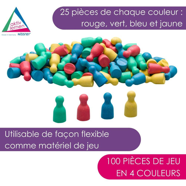 100 Pions en 4 couleurs en bois