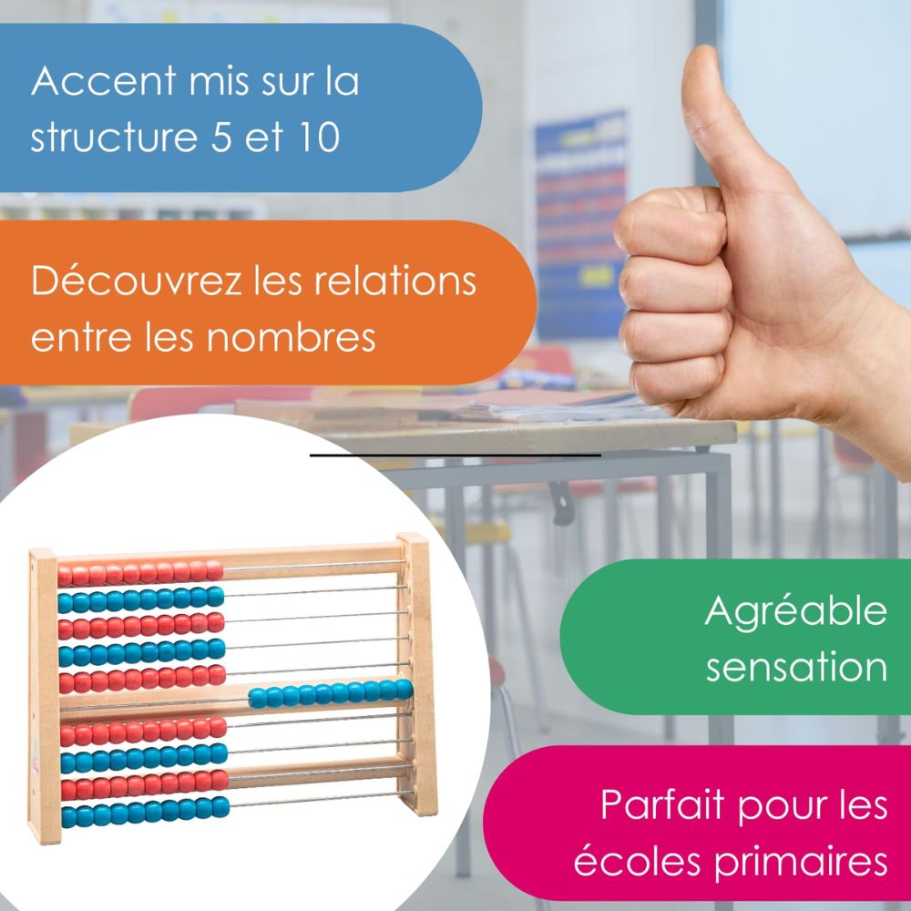 Boulier 100 perles Rouge/Bleu, 1 couleur par ligne, en Re-Wood