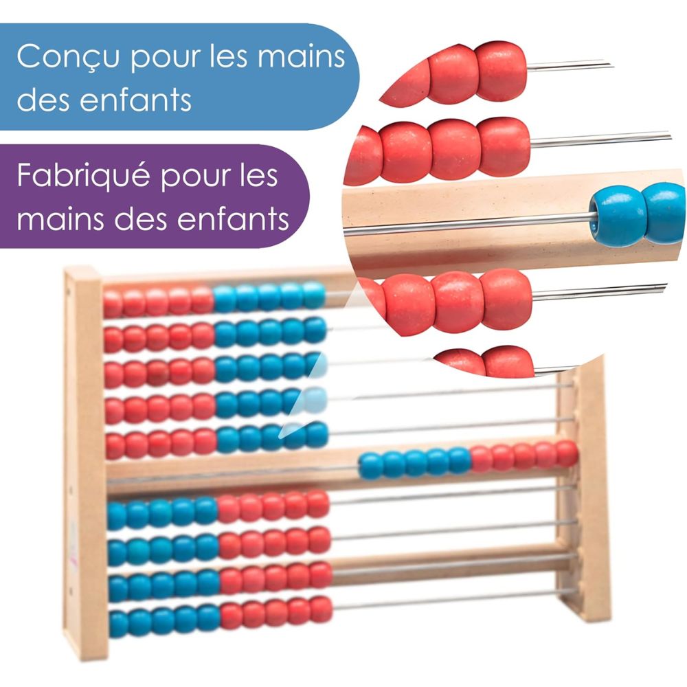 Boulier 100 perles Rouge/Bleu, 2 couleurs par ligne, en Re-Wood