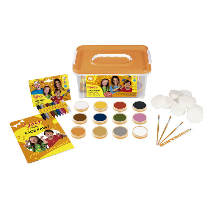 Pack de maquillage scolaire 6 flacons 8ml couleurs assorties + crayon cosmétique + 8 éponges + 3 pinceaux + brochure