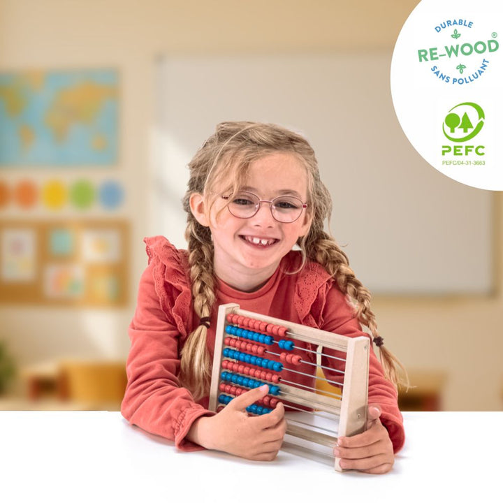 Boulier 100 perles Rouge/Bleu, 1 couleur par ligne, en Re-Wood