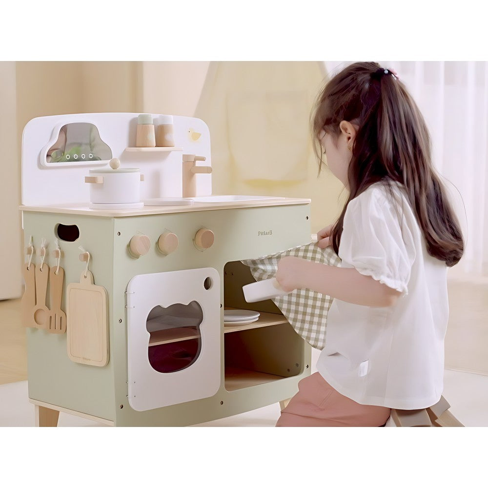 Cuisine vert pastel en bois avec accessoires | EVEIL MONTESSORI