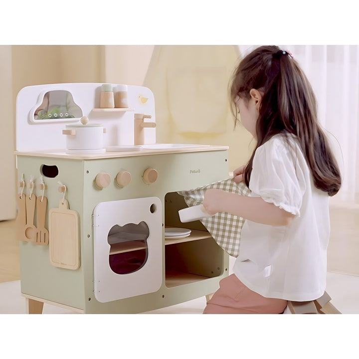 Cuisine vert pastel en bois avec accessoires | EVEIL MONTESSORI