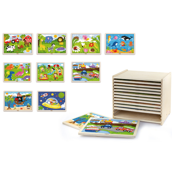 Boite De Rangement + 12 Puzzles En Bois De 16 Pièces