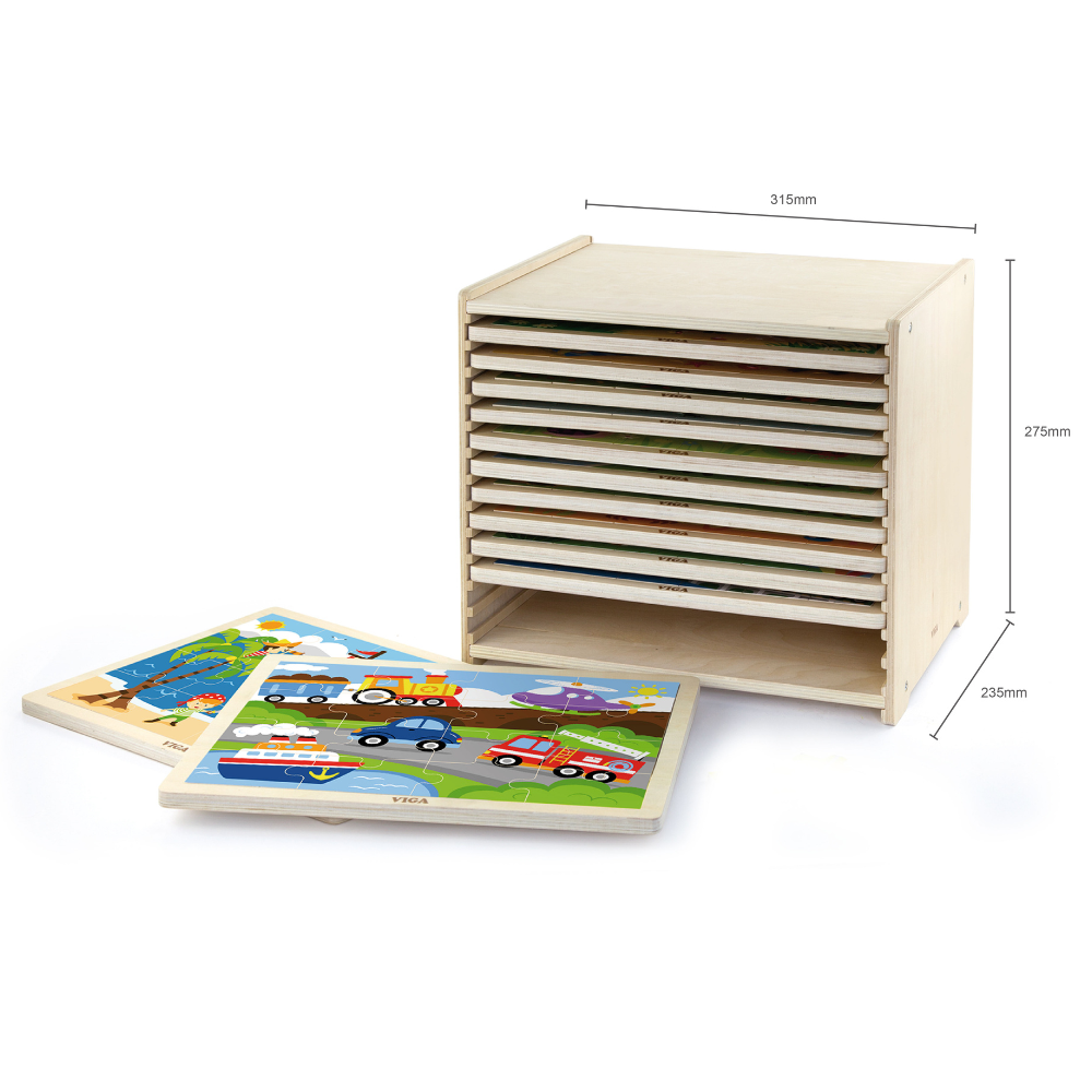 Boite De Rangement + 12 Puzzles En Bois De 16 Pièces