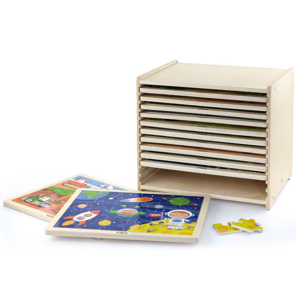 Boite De Rangement + 12 Puzzles En Bois De 24 Pièces