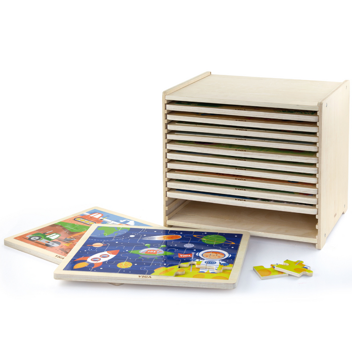 Boite De Rangement + 12 Puzzles En Bois De 24 Pièces