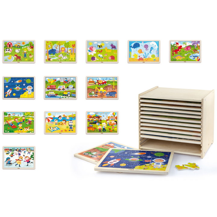 Boite De Rangement + 12 Puzzles En Bois De 24 Pièces