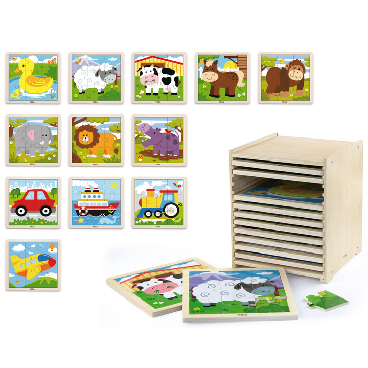 Boite De Rangement + 12 Puzzles En Bois De 9 Pièces