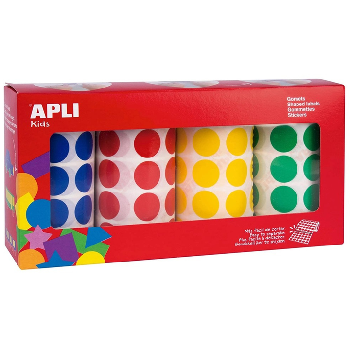 Boîte de rouleaux de gommettes rondes jaune, bleu, rouge et vert 4 unités