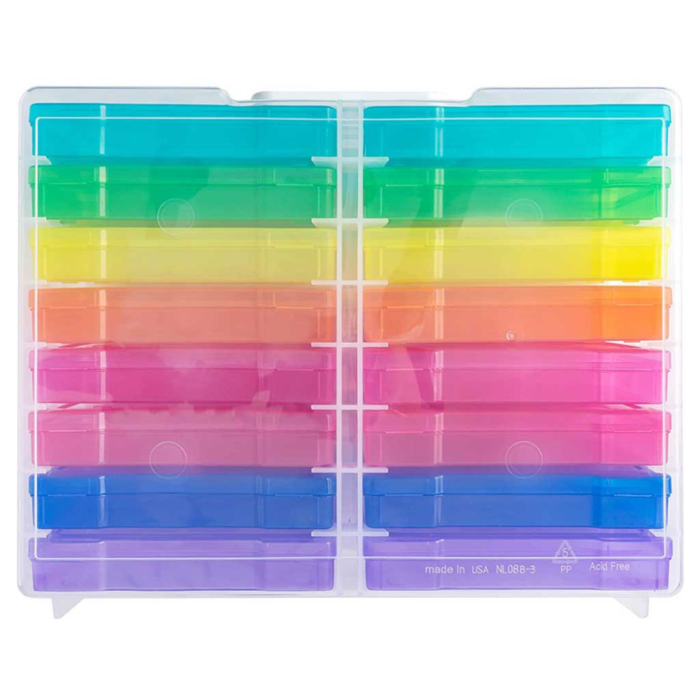 Mallette de rangement avec 16 boites colorés, pour la classe ou pour les photos