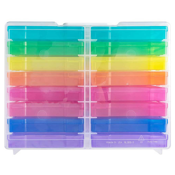 Mallette de rangement avec 16 boites colorés, pour la classe ou pour les photos