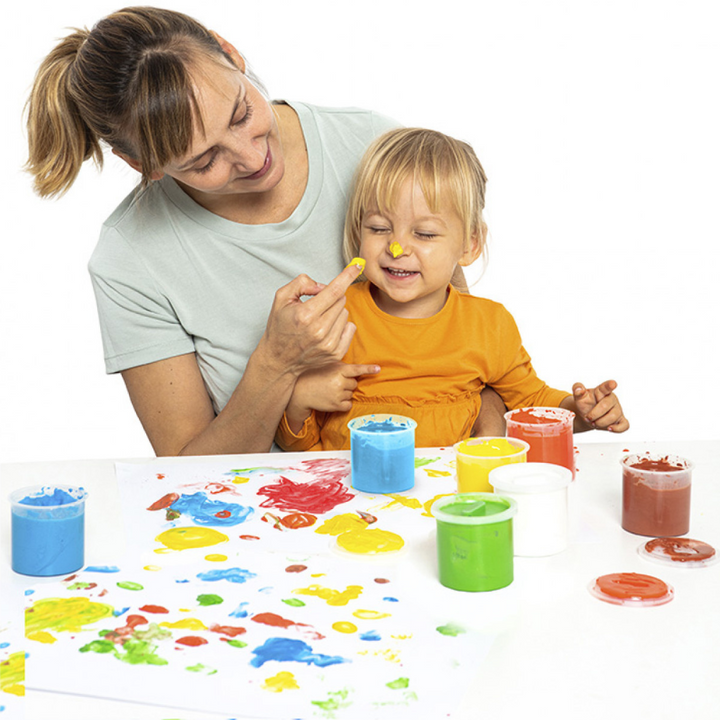 Peinture à doigt set 6 pots 125 ml couleurs assorties + 4 éponges 4 ébauchoirs + 1 rouleau + 1 nappe en plastique