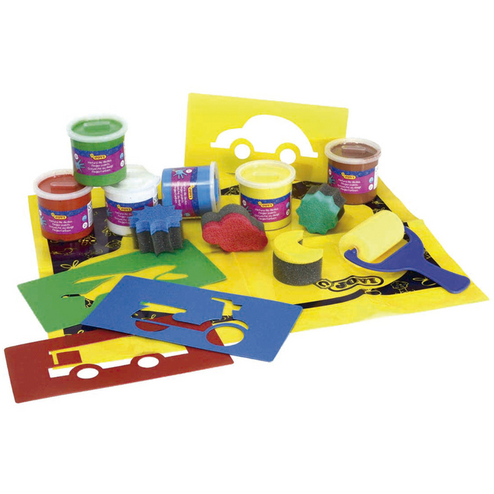 Peinture à doigt set 6 pots 125 ml couleurs assorties + 4 éponges 4 ébauchoirs + 1 rouleau + 1 nappe en plastique