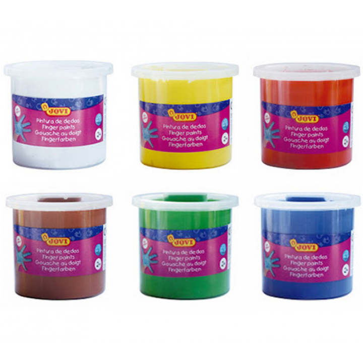Peinture à doigt set 6 pots 125 ml couleurs assorties + 4 éponges 4 ébauchoirs + 1 rouleau + 1 nappe en plastique