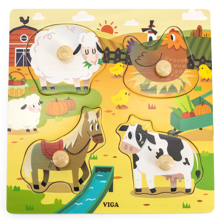 Puzzle à boutons de bois - 4 pièces - Animaux de la ferme