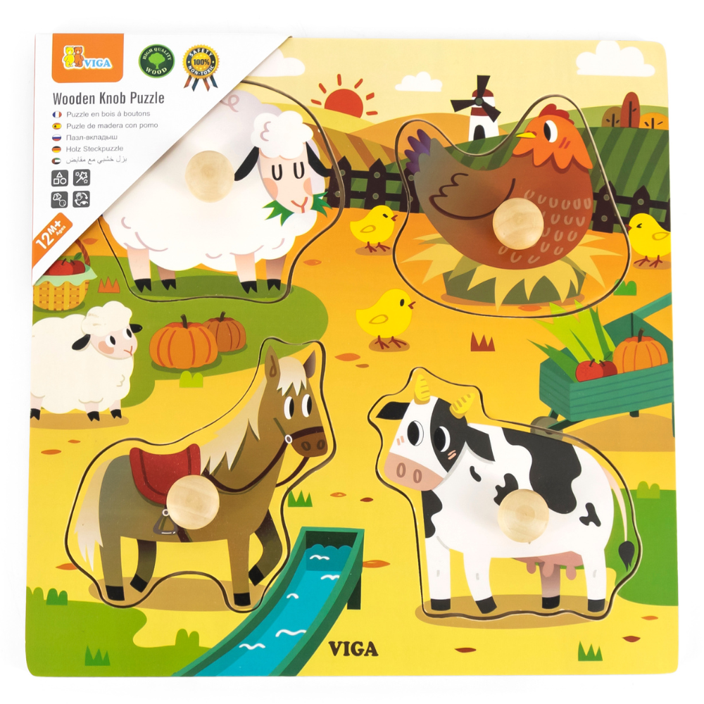 Puzzle à boutons de bois - 4 pièces - Animaux de la ferme