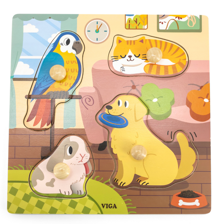 Puzzle à boutons de bois - 4 pièces - Animaux domestiques