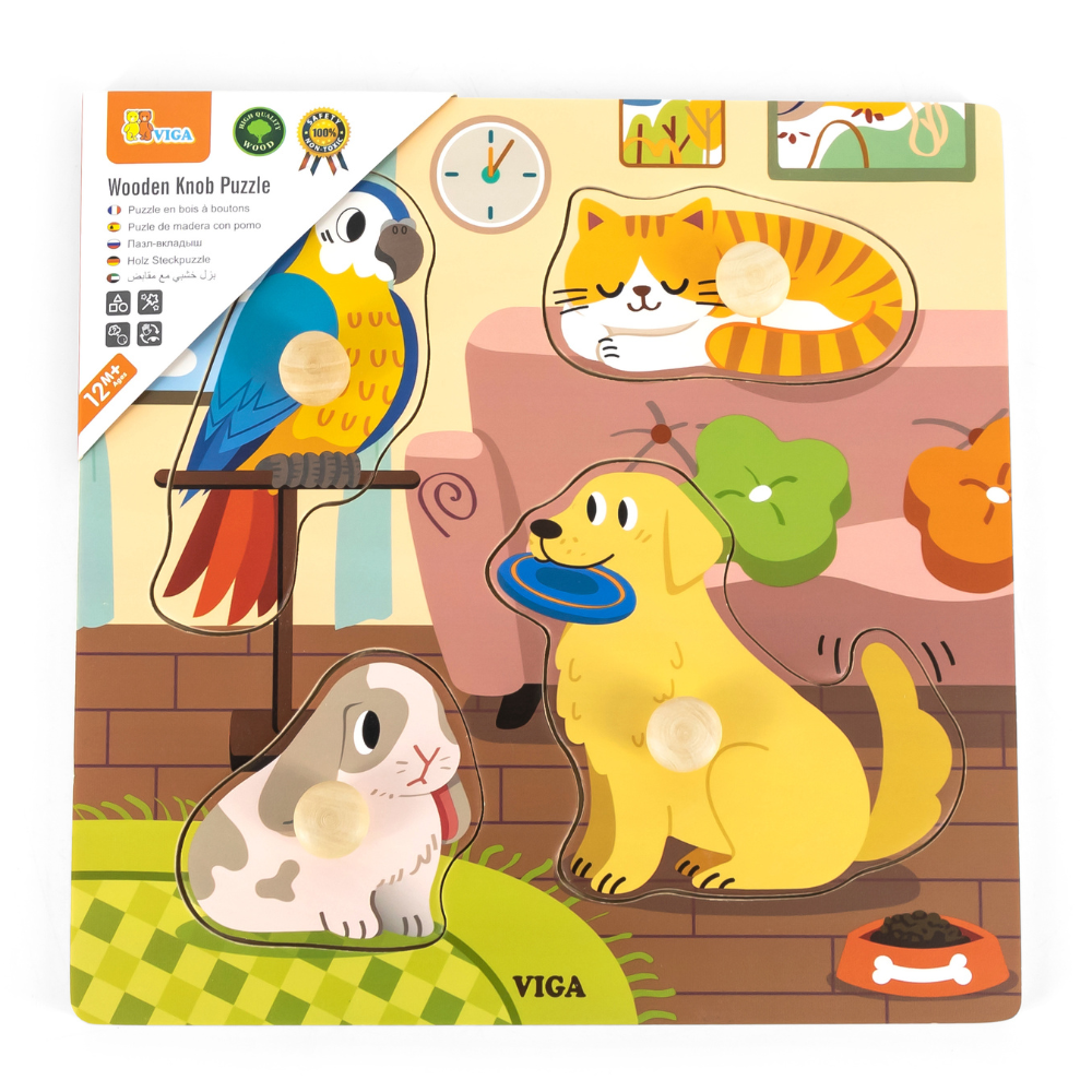 Puzzle à boutons de bois - 4 pièces - Animaux domestiques