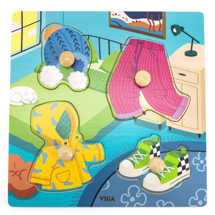 Puzzle à boutons de bois - 4 pièces - Vêtements