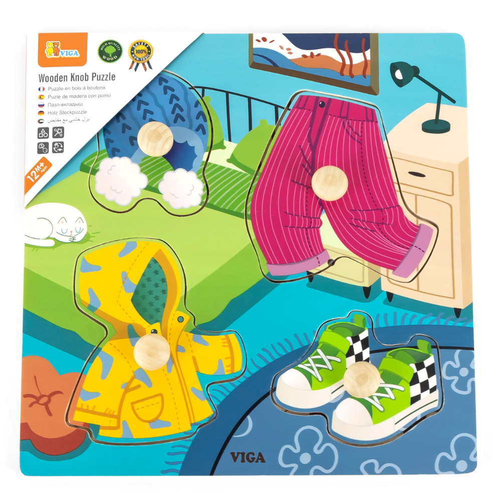Puzzle à boutons de bois - 4 pièces - Vêtements