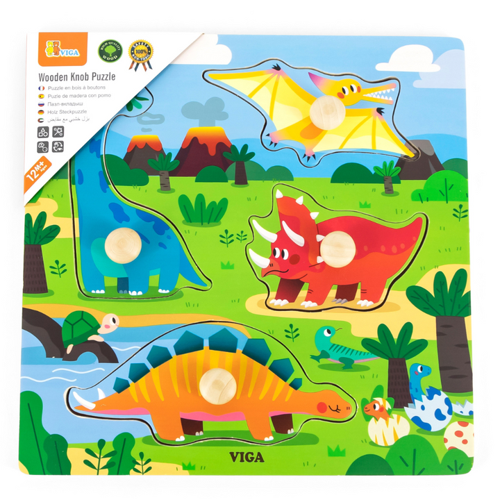 Puzzle à boutons de bois - 9 pièces - Dinosaures