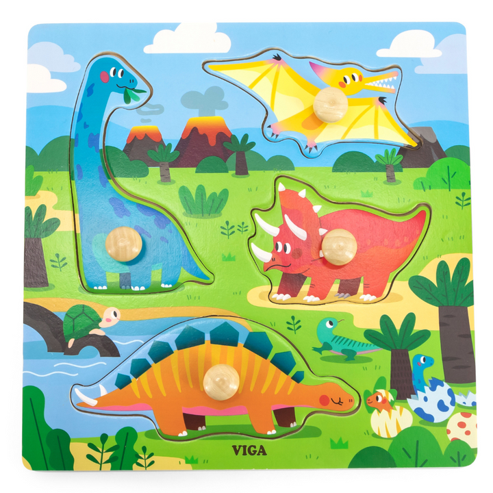Puzzle à boutons de bois - 9 pièces - Dinosaures
