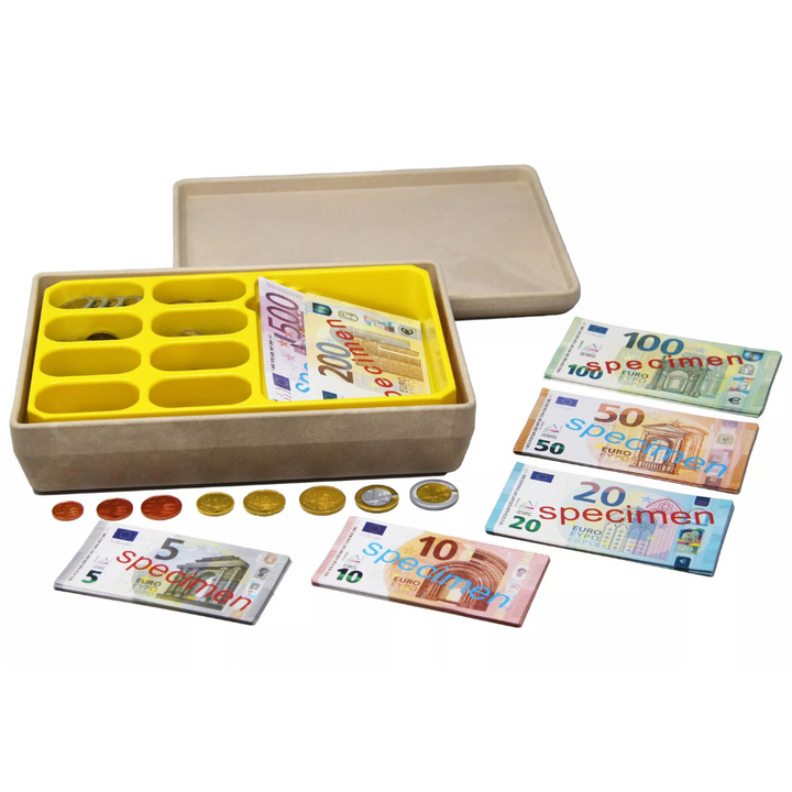 Caisse de 290 billets et pièces euros factices de jeux
