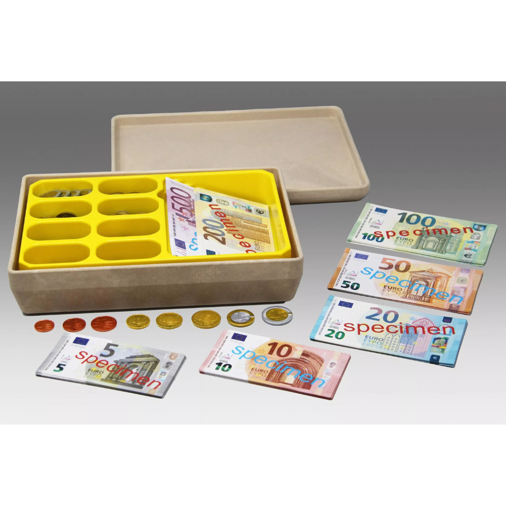 Caisse de 290 billets et pièces euros factices de jeux