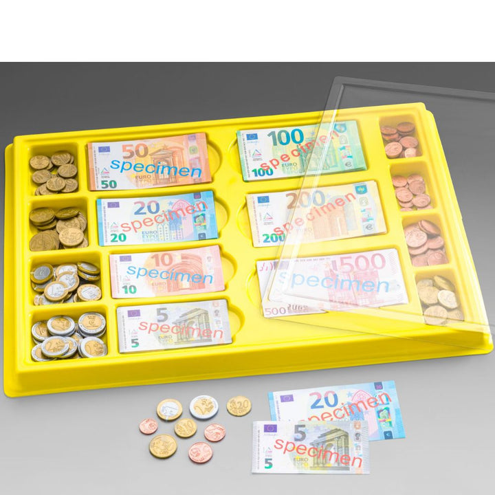 Plateau géant avec 290 pièces et billets euros factices - Jeu de la monnaie Eurécole