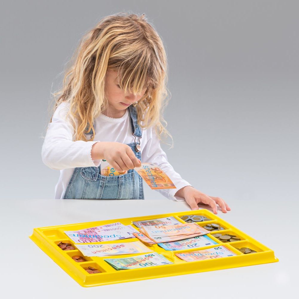 Plateau géant avec 290 pièces et billets euros factices - Jeu de la monnaie Eurécole