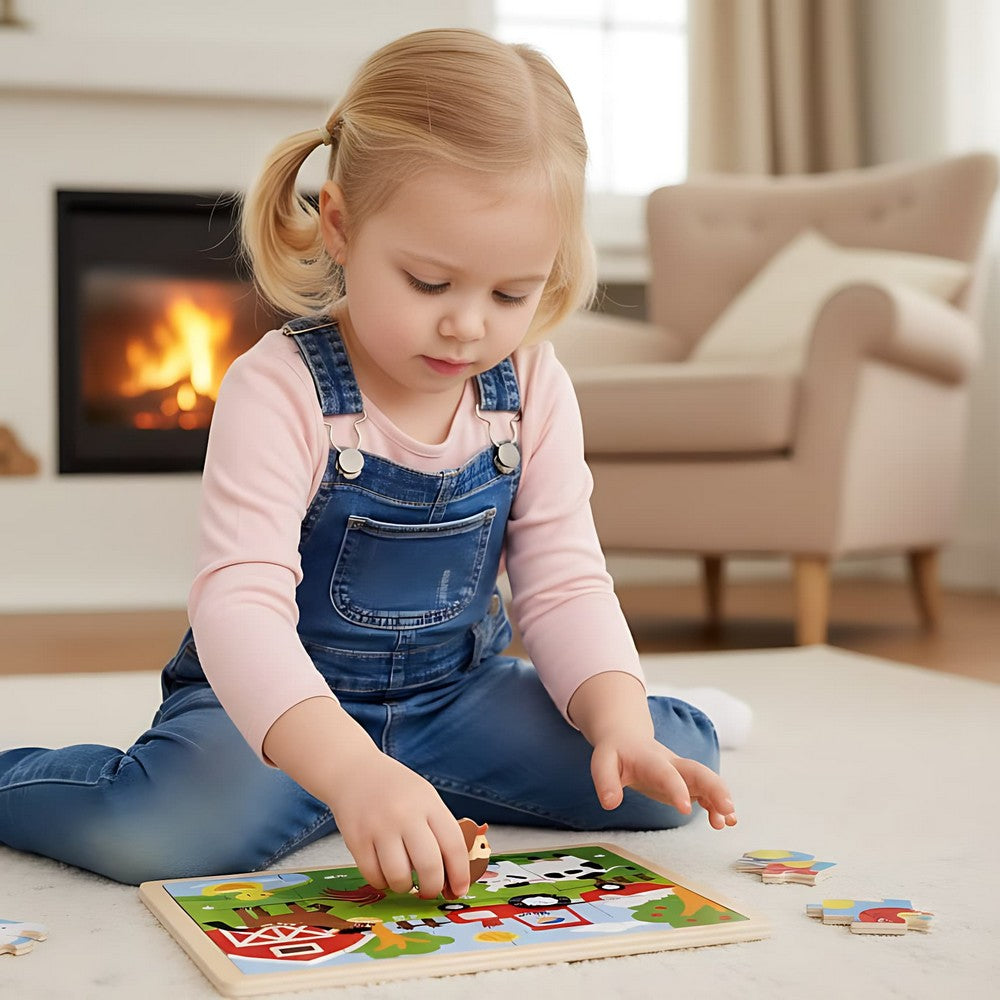  لغز خشبي تعليمي 16 قطعة عن حيوانات المزرعة للأطفال ابتداءً من 3 سنوات برسومات واقعي