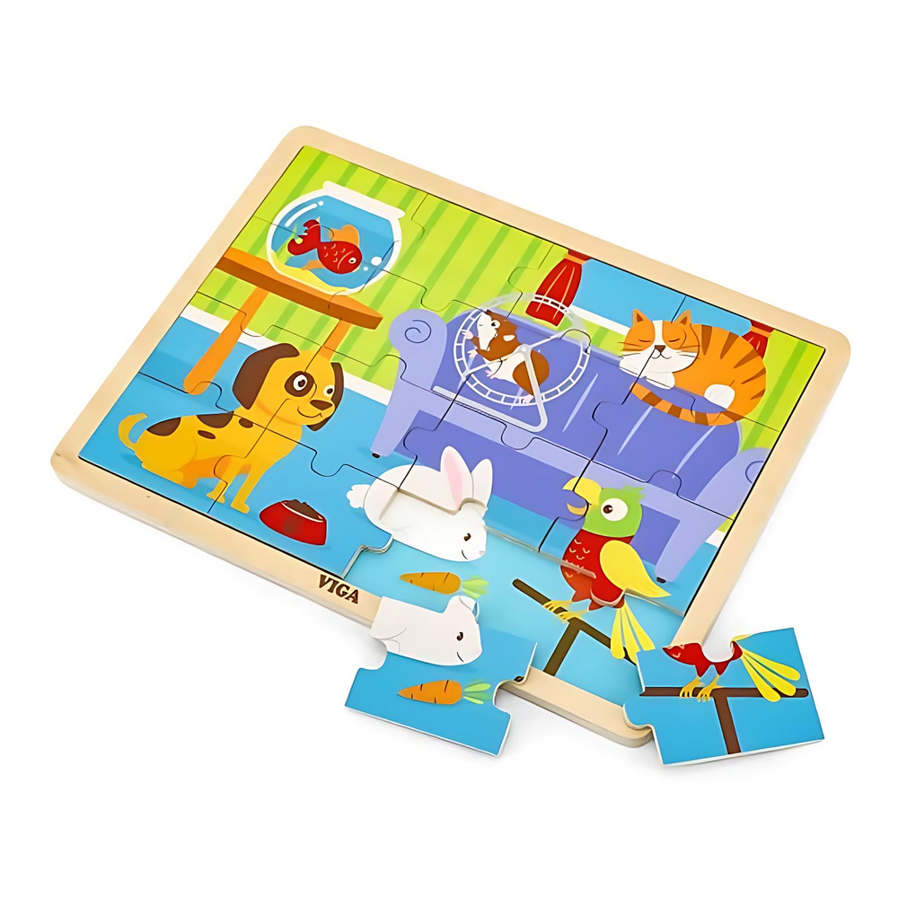 Jeu éducatif puzzle 16 pièces thème animaux familiers, motricité fine et apprentissage ludique pour enfants