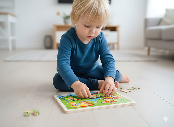 Puzzle éducatif en bois 16 pièces – motricité fine et apprentissage ludique- Eveil Montessori Maroc