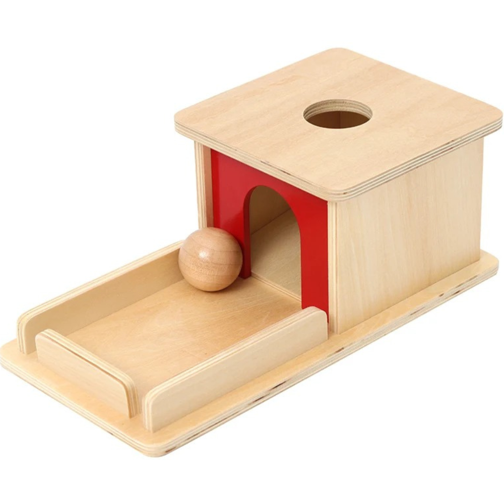 Boîte de permanence d'objet avec plateau trois boules (bois, plastique, tressé)