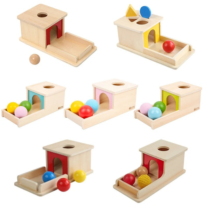 Boîte de permanence d'objet avec plateau trois boules (bois, plastique, tressé)