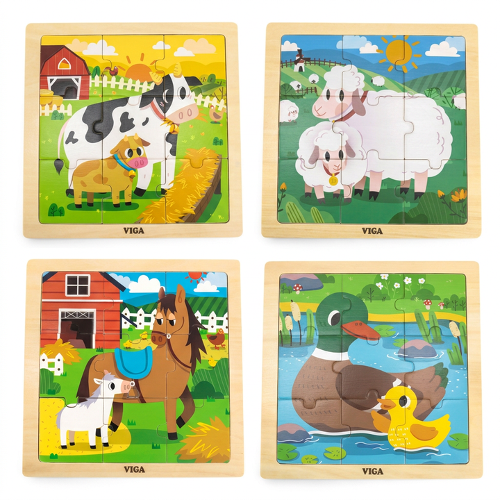 Lot de 4 puzzles en bois de 9 pièces : vache, mouton, cheval et canard avec leurs petits