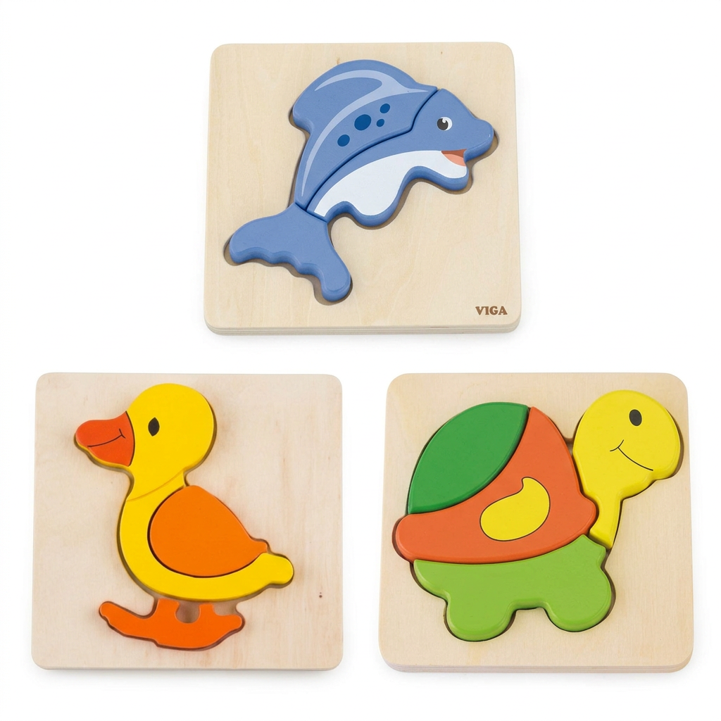 Lot de 3 mini puzzles en bois : poisson, canard et tortue sur fond blanc