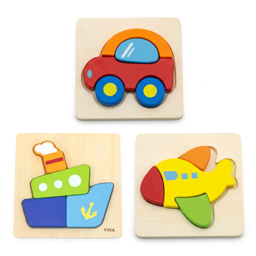 Lot de 3 mini puzzles en bois : voiture, bateau et avion sur fond blanc